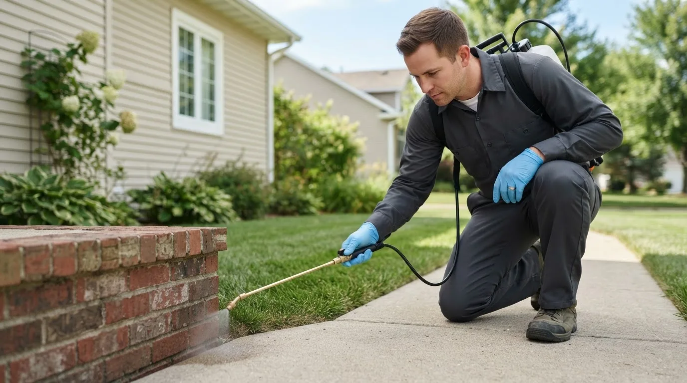 Pest control technician treating a home near Tallahassee, FL