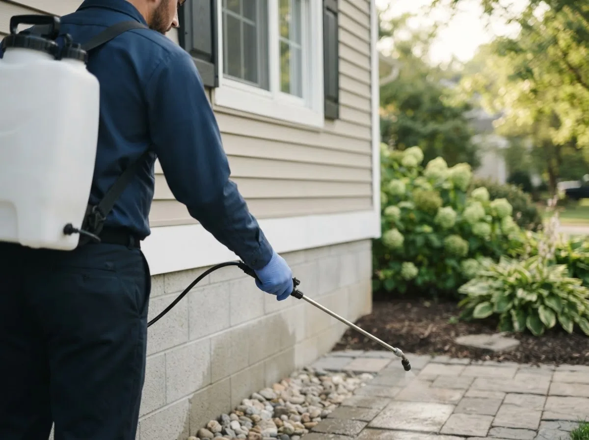 Pest control technician inspecting a home in Tallahassee, FL